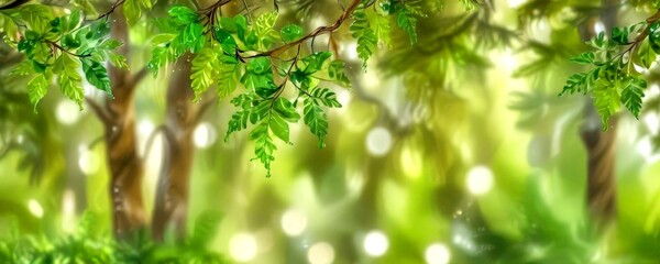 Poster - A lush, verdant forest scene with a variety of trees and foliage, including a prominent branch with green leaves and a blurred background of bokeh light effects