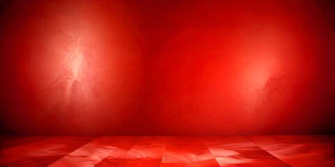 Poster - a red-painted room with a wooden floor, featuring a large, abstract red shape in the background