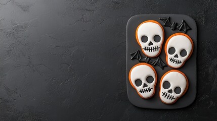 Wall Mural - Decorative skull-shaped cookies on a dark slate background.