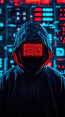 Wall Mural - mysterious figure in dark hoodie stands against backdrop of glowing digital screens, embodying essence of computer hacker. red lit display reflects high tech atmosphere, evoking intrigue and tension