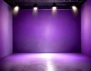 Poster - A dimly lit stage with a purple backdrop, featuring four spotlights evenly spaced along the ceiling