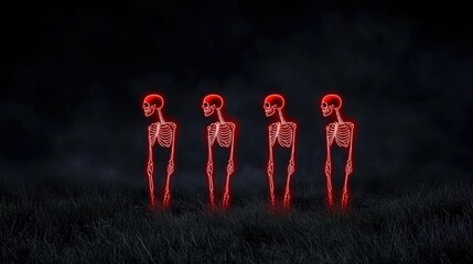 Four red glowing skeletons in dark setting, eerie and mysterious ambiance.