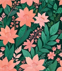Poster - a repeating pattern of pink flowers with green leaves against a dark green background