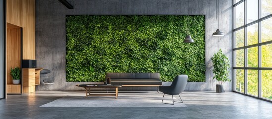 Poster - Modern living room with a green wall and large windows overlooking a lush green landscape.