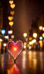 Fototapete - A heart-shaped glass lantern with a glowing red heart at its center stands on a wet street, surrounded by a blurred cityscape of twinkling lights