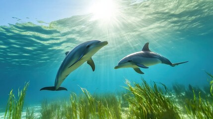 Sticker - Playful Dolphins Swimming in Crystal Clear Water