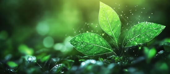 Canvas Print - A single plant with two green leaves in the foreground. The plant is in focus and has a glowing effect. The background is out of focus and has a green and yellow color palette.