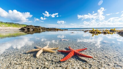 Sticker - Colorful Starfish on Clear Beach at Low Tide