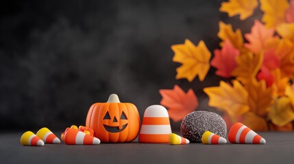 Wall Mural - Halloween treats with pumpkin and candy on a dark background.