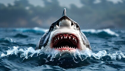 Wall Mural - Mighty shark displaying fierce jaws in the depths of a rich blue ocean