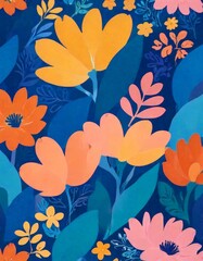 Poster - a vibrant and colorful abstract pattern featuring a variety of flowers and leaves in shades of orange, yellow, pink, and blue against a dark blue background