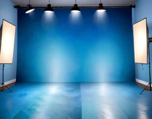 Poster - A blue-painted studio with three spotlights on the left, two on the right, and a tripod in the bottom left corner