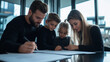 © Maksym - A family signs the paperwork for their new apartment, the sleek design of the real estate office matching the modern aesthetic of the apartment theyâve just purchased on credit.