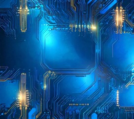 Fototapete - a detailed view circuit board, showcasing a complex network of interconnected lines and components The predominant colors are blue and gold, with the