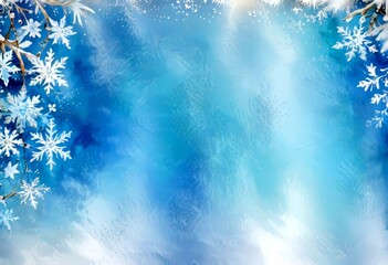 Aufkleber - A watercolor painting snowy winter scene, featuring a blue background with white snowflakes on the left and right sides