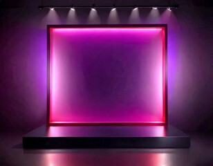 Poster - A large, rectangular, pink-lit display stands on a black platform against a dark purple background, with a track lighting system above