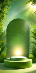 Poster - A green, circular podium stands in a lush, verdant forest, with sunlight filtering through the foliage and casting a warm glow on the scene