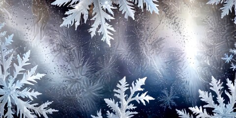 Aufkleber - a close-up view frosty, snow-covered surface with intricate, delicate snowflakes scattered throughout The background is a dark, moody color, creating a contrast with