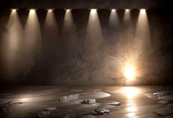Poster - A dimly lit stage with a large, abstract mural on the wall behind it, illuminated by a series of spotlights