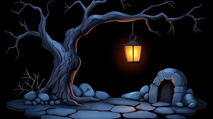 Mysterious lantern beside a gnarled tree in a dark, enchanted setting.