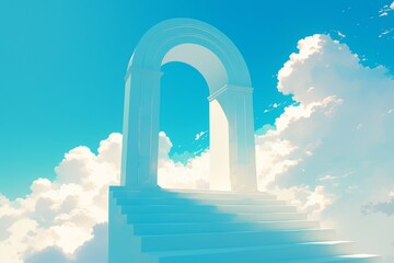 Wall Mural - bright and radiant sky with white clouds forming an upward arch, leading to heaven, featuring light 
