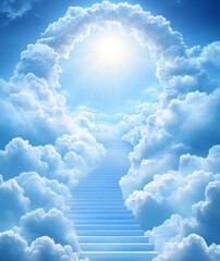 Wall Mural - bright and radiant sky with white clouds forming an upward arch, leading to heaven, featuring light 