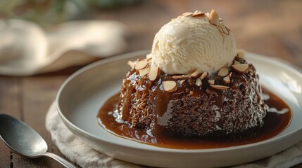 A delicious dessert featuring a chocolate cake topped with ice cream and almonds.