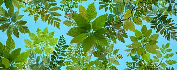 Poster - a dense, lush canopy of green leaves against a clear blue sky The leaves vary in size and shape, creating a sense of depth and complexity The does not contain