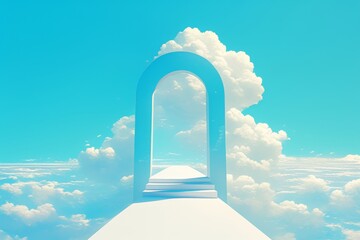Wall Mural - bright and radiant sky with white clouds forming an upward arch, leading to heaven, featuring light 