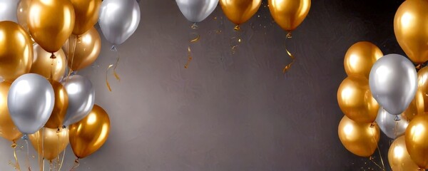 Fototapete - A festive scene with gold and silver balloons floating against a dark background, with confetti and streamers adding to the celebratory atmosphere