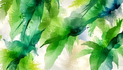 Poster - a vibrant abstract painting of tropical leaves, in a watercolor style The leaves are depicted in various shades of green, with splashes of yellow and blue adding depth