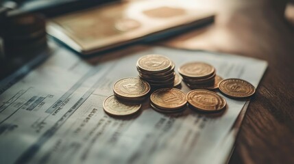 Wall Mural - Close-up of a stack of golden coins on a document.