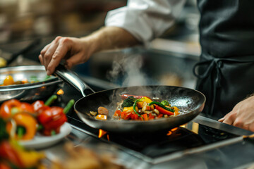 Skilled chef cooks a nutritious meal with fresh vegetables in a sizzling pan, showcasing culinary artistry in a professional kitchen