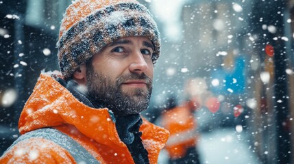 Wall Mural - A man wearing an orange jacket and hat is standing in the snow