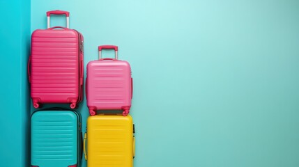 Four colorful suitcases stacked on blue background.