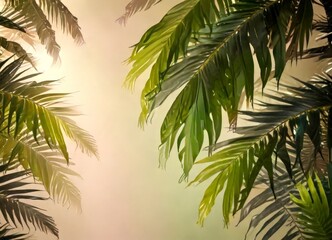 Poster - a lush tropical scene with palm leaves in various shades of green, creating a sense of depth and perspective The leaves are arranged in a way that suggests they are
