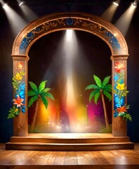 Poster - A tropical-themed stage set with a wooden arch adorned with palm trees, flowers, and a clock, illuminated by spotlights against a dark background