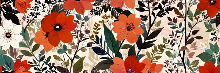 Poster - a repeating floral pattern with large orange flowers, green leaves, and black and brown accents The pattern is set against a light-colored background, creating a