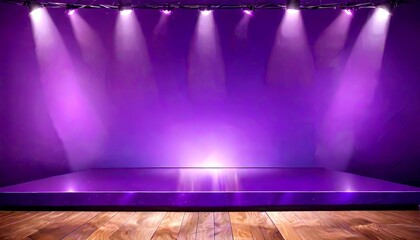 Poster - A stage with a purple backdrop and wooden floor, illuminated by spotlights