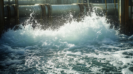 image captures dynamic energy of water splashing against industrial pipes, showcasing powerful movement and flow of water in modern desalination process