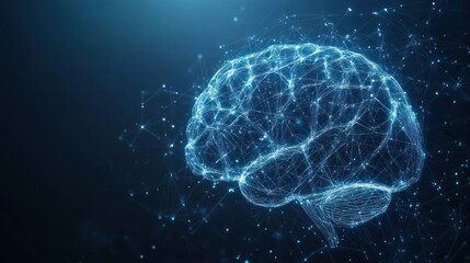Wall Mural - abstract digital brain made of glowing lines and dots on a dark blue background.