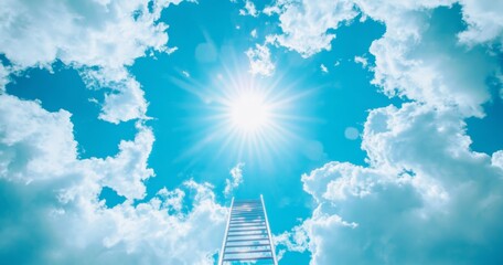 Wall Mural - bright blue sky with white clouds featuring an upward staircase leading to heaven