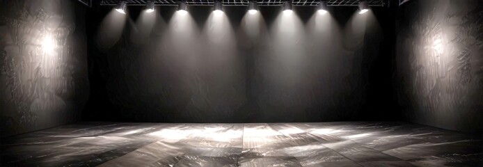 Poster - A dimly lit stage with a wooden floor and a backdrop of black walls, illuminated by a series of spotlights