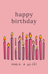 Wall Mural - Happy Birthday card with cartoon candles illustration on pink background. Sticker style greeting card in retro style. Cute postcard for child or design for your brand.