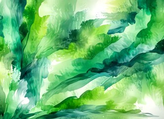 Poster - an abstract painting featuring a vibrant mix of green and white hues, with brushstrokes that create a sense of movement and depth