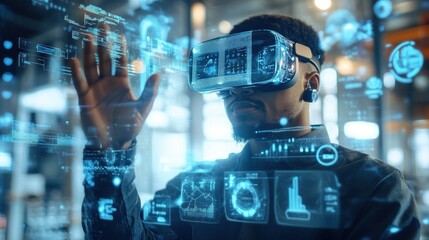 Wall Mural - man wearing vr headset interacts with holographic interface.