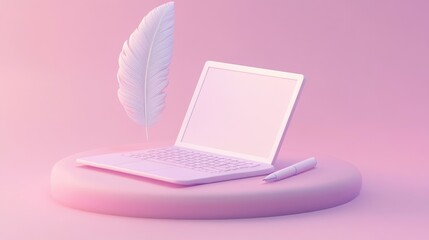 Wall Mural - A white laptop, pen, and feather on a pink platform against a pink background.