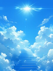 Wall Mural - bright blue sky with white clouds featuring an upward staircase leading to heaven