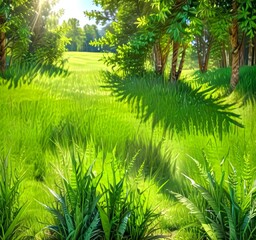 Aufkleber - A digital painting lush, verdant landscape featuring a grassy field, trees, and ferns, with sunlight filtering through the foliage