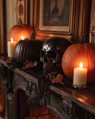 Canvas Print - Candlelit decor with pumpkins and skull on a mantel in a dimly lit room